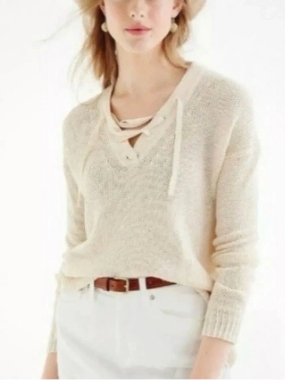 J. Crew Beach Open Knit grommet Sweater Size Small Coastal Chic Linen Flawed